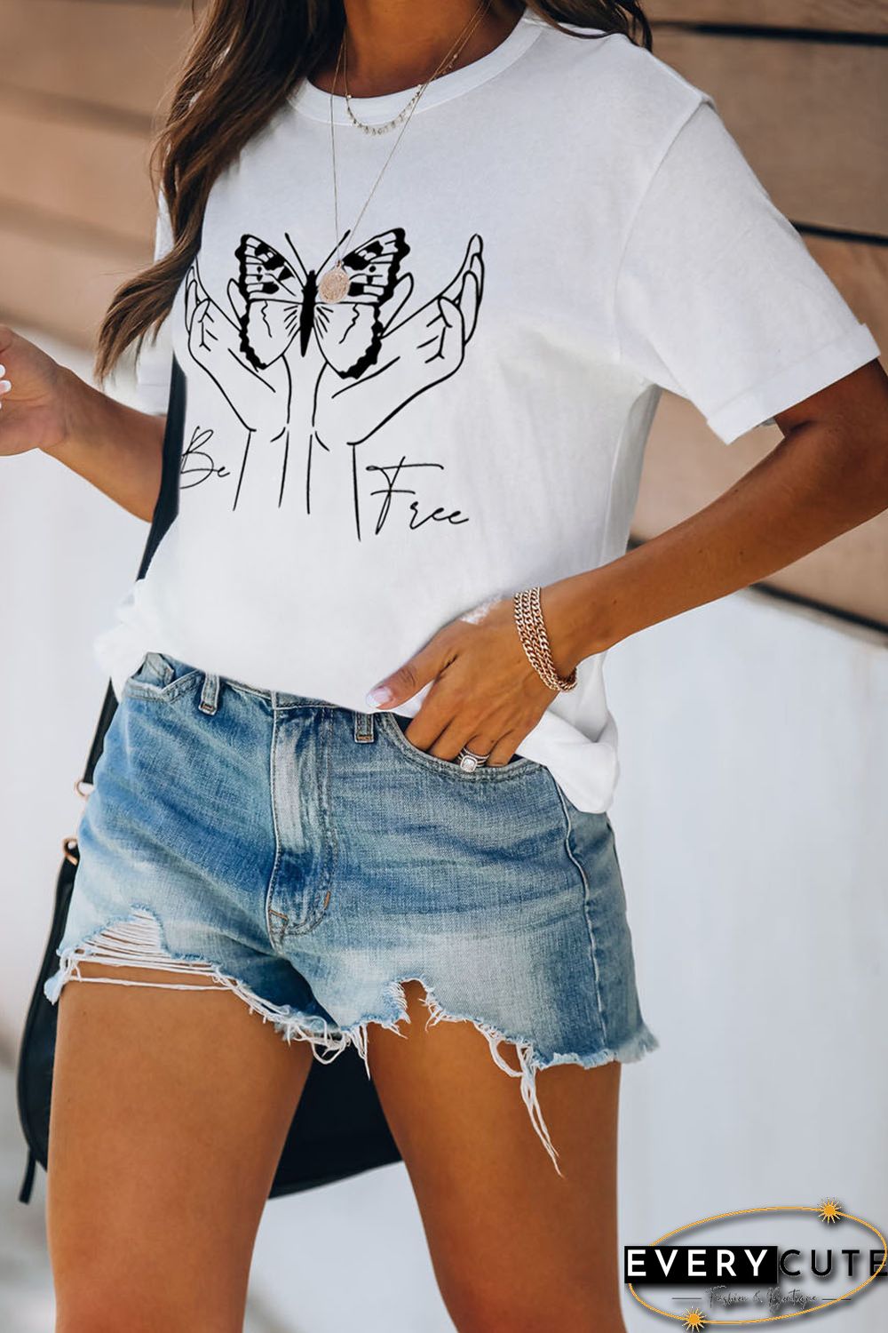 White Be Free Gesture Butterfly Print Short Sleeve Graphic Tee
