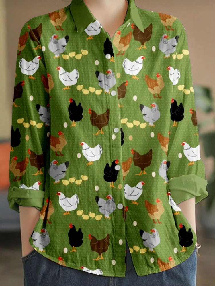 Hens and Chicks Graphic Vintage Linen Blend Blouse