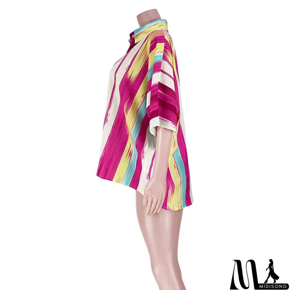 MidiSono - Women Sexy Short Front Back Long Casual Colorful Striped Loose Shirt