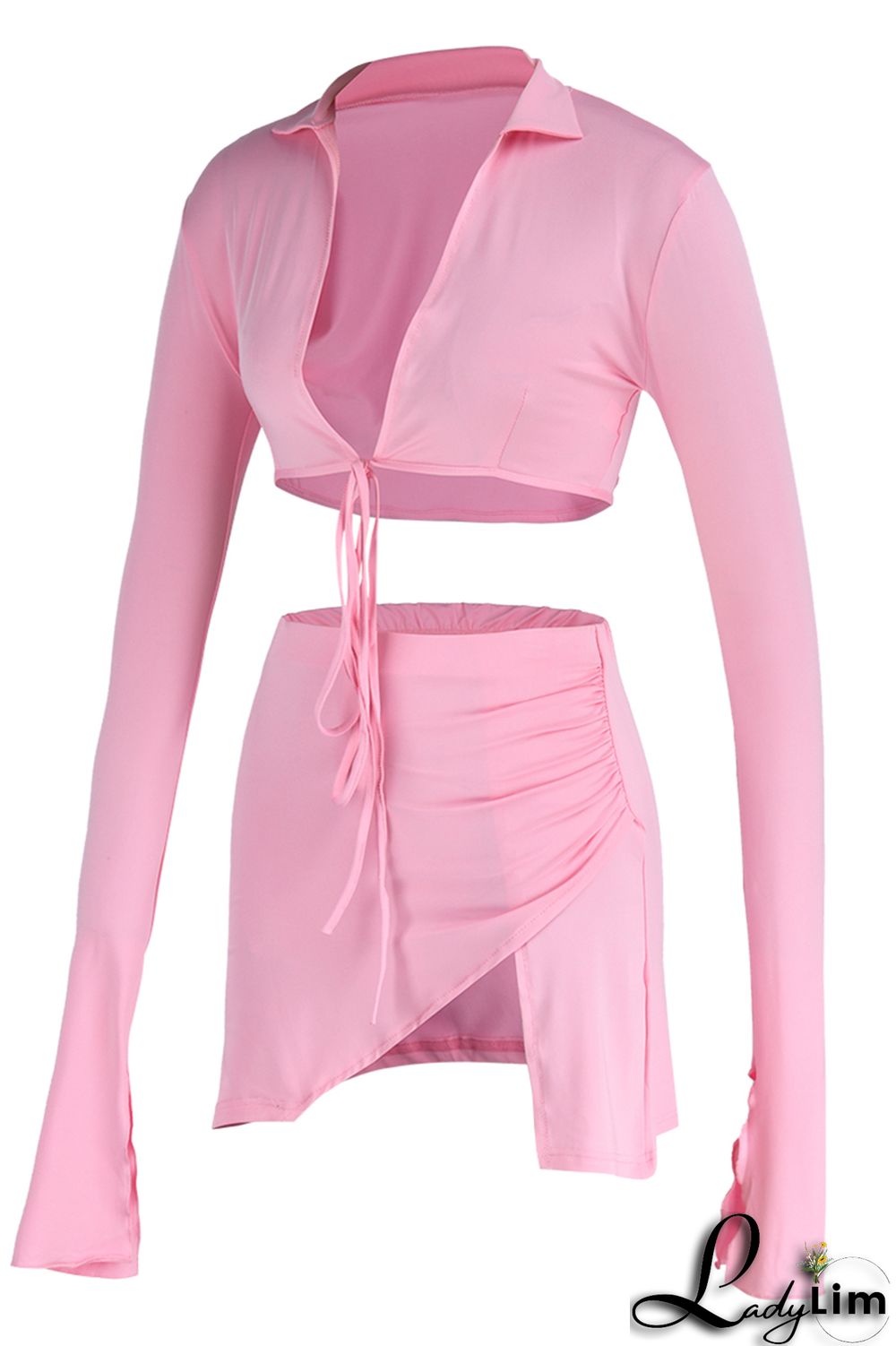 Yellow Fashion Sexy Solid Bandage Slit V Neck Long Sleeve Two Pieces