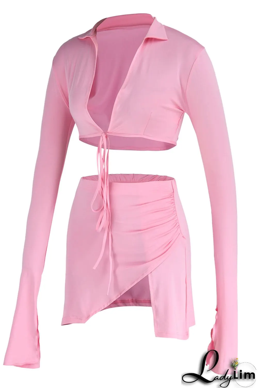 Yellow Fashion Sexy Solid Bandage Slit V Neck Long Sleeve Two Pieces