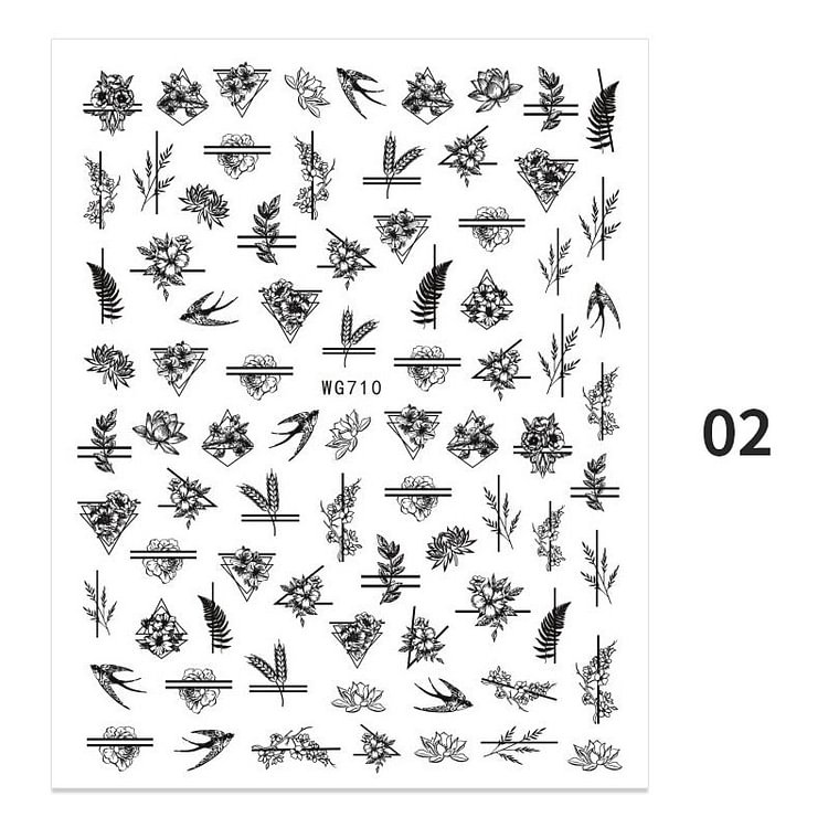 Valentine's Day Leaves Heart 3D Nail Sticker Black Flowers Lines Geometric Self Adhesive Nail Art Decals Manicures Sliders Foils