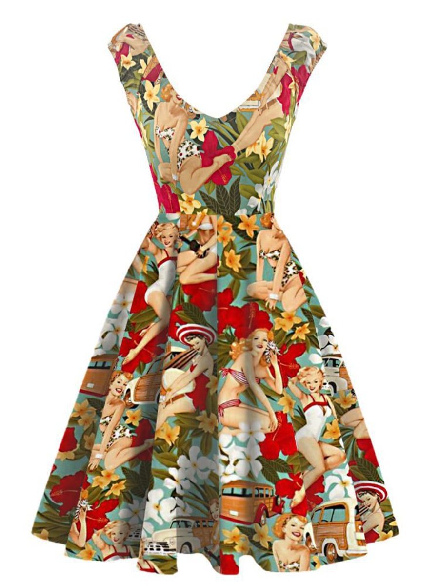 1950s Dresses Deep V-Neck Backless Retro Romantic Fresh Print Swing Floral Dresses