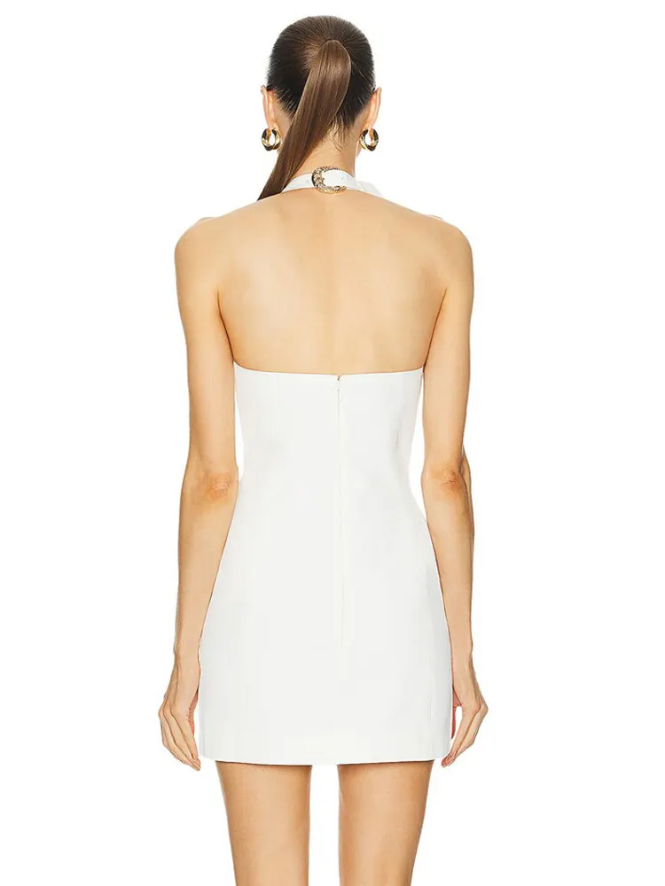 Brownm New Sexy Hollow Hanging Back Hanging Neck Dress Metal Decorative Temperament Dress Skirt Skirt Skirt