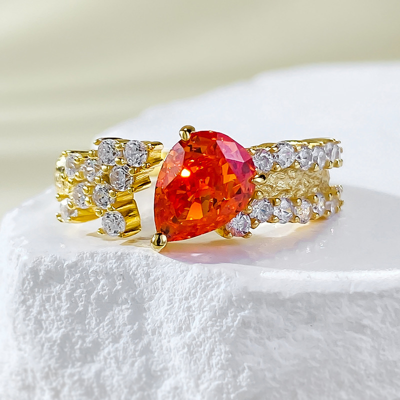 MIKAMU S925 Silver Vintage-Style Open Ring with Pear-Shaped Fanta Orange Gemstone and Full Micro Pave Setting