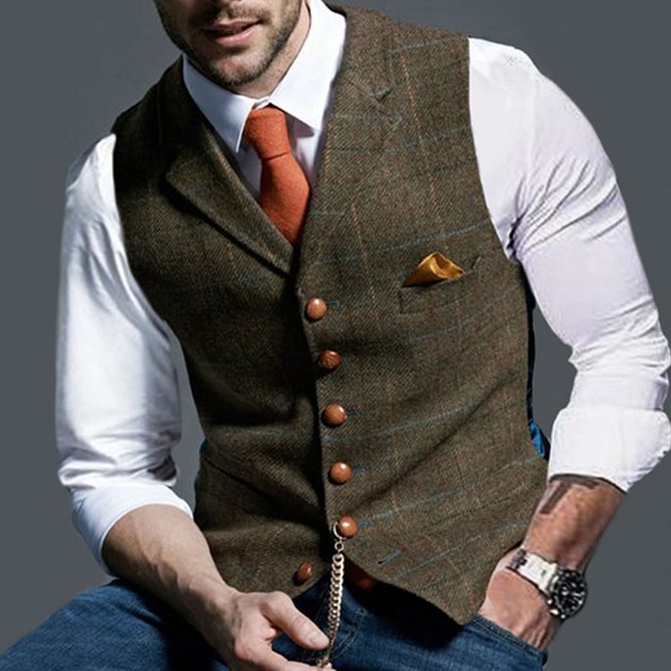 Notched Lapel Button Plaid Single-Breasted Men's Waistcoat