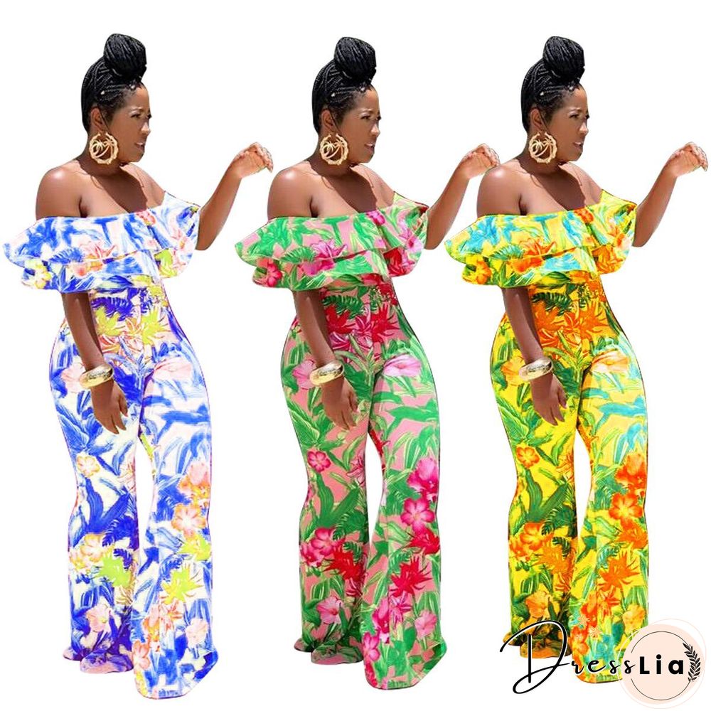 Sexy Off Shoulder Ruffles Floral Printed Wide-legs Jumpsuit