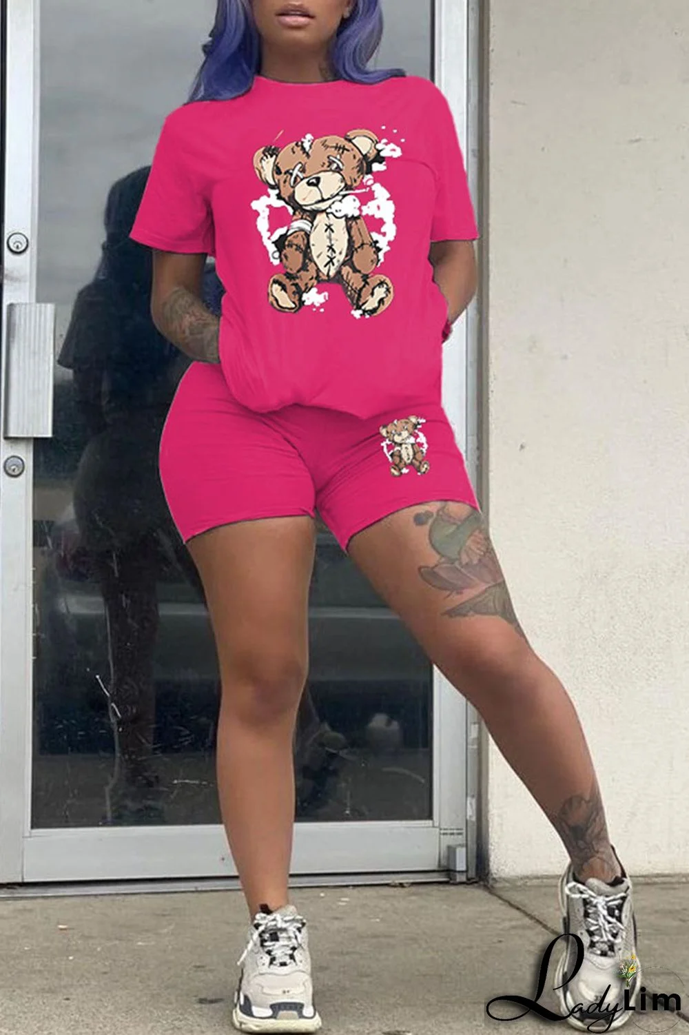 Purple Casual Print Patchwork O Neck Short Sleeve Two Pieces