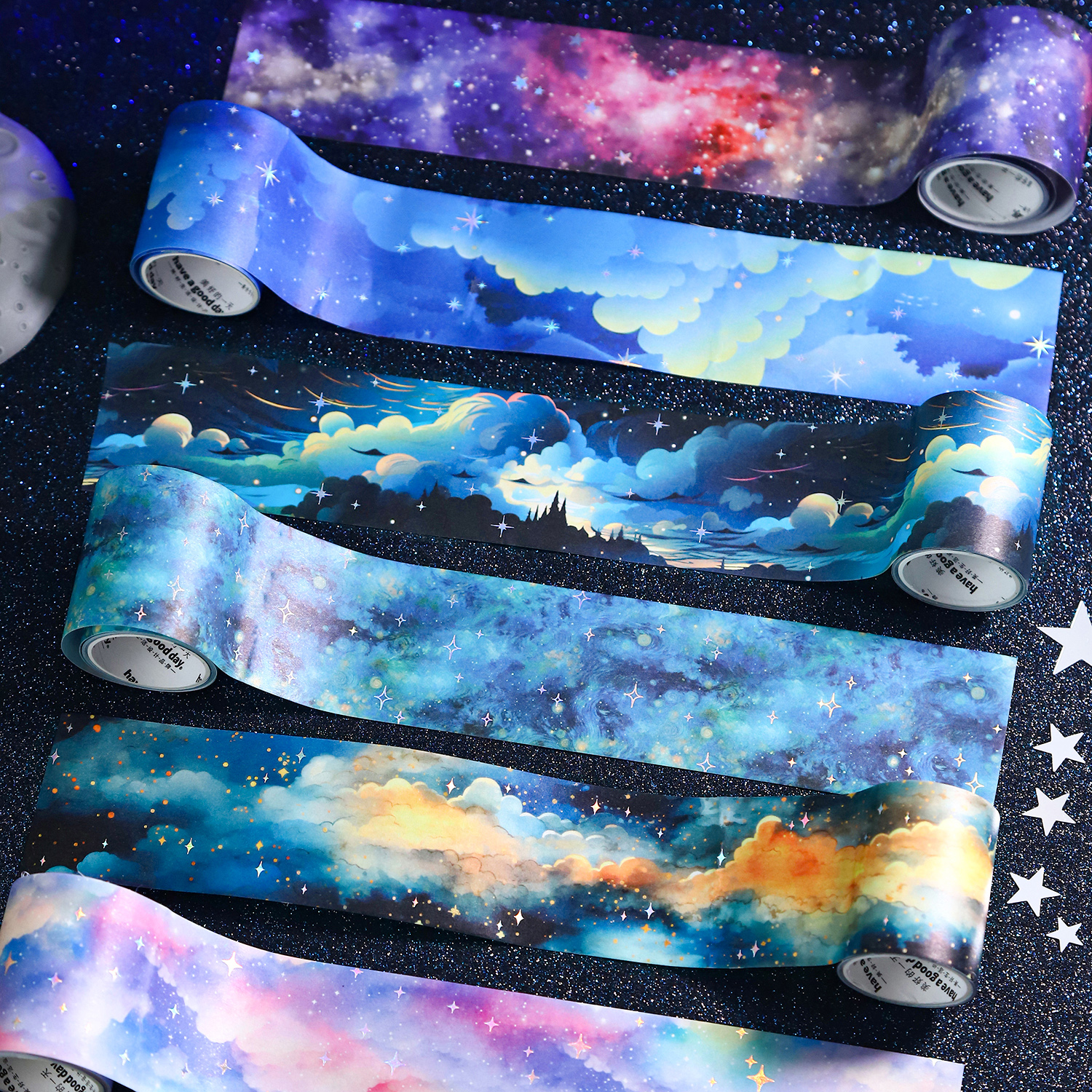 와시 테이프 - 50mm*200cm 별이 빛나는 꿈 시리즈 레이저 구름 별 풍경