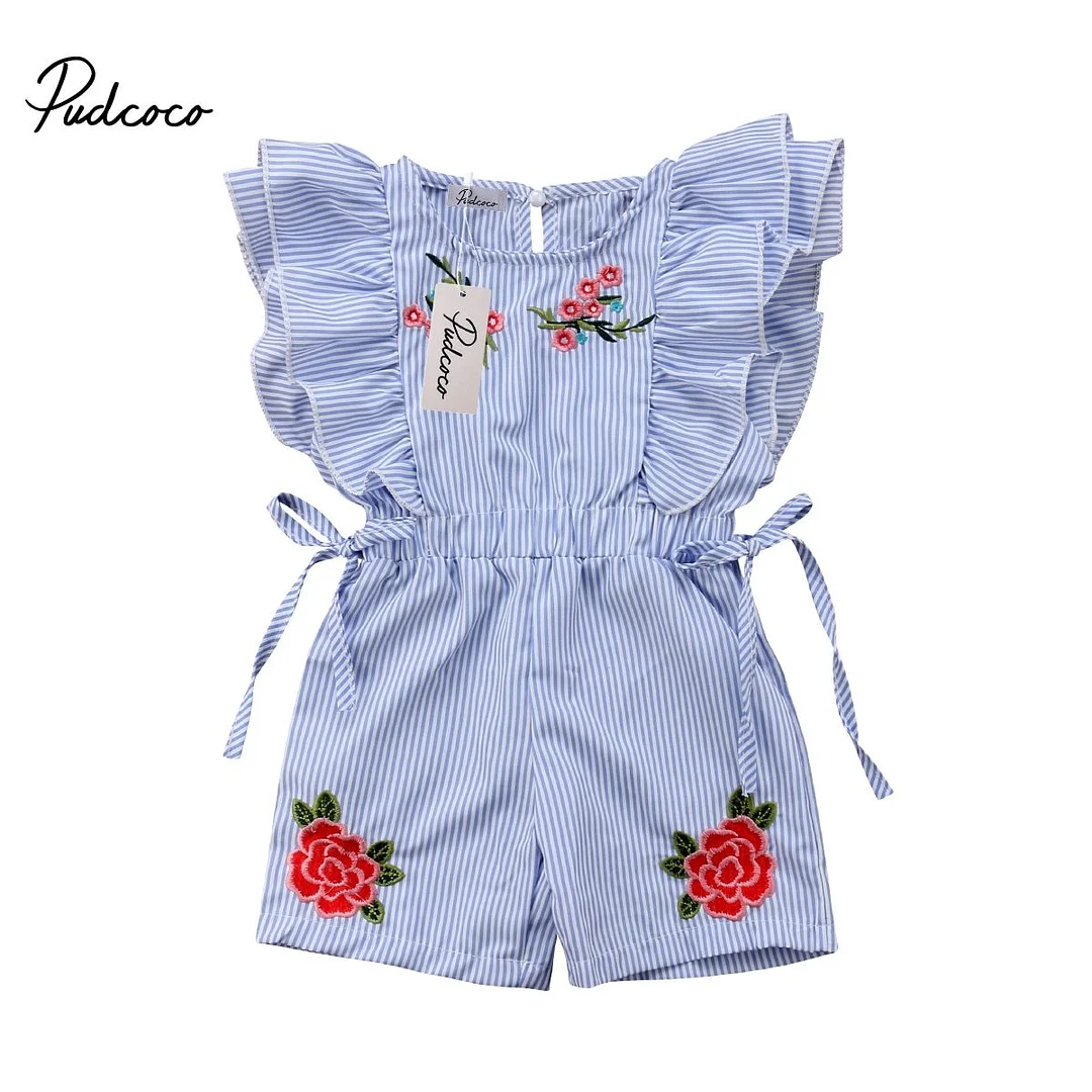 2018 Brand New Cute Summer Toddler Baby Girl Romper Short Petal Sleeve Elastic Waist Floral Print Striped Blue Lace UP Jumpsuits