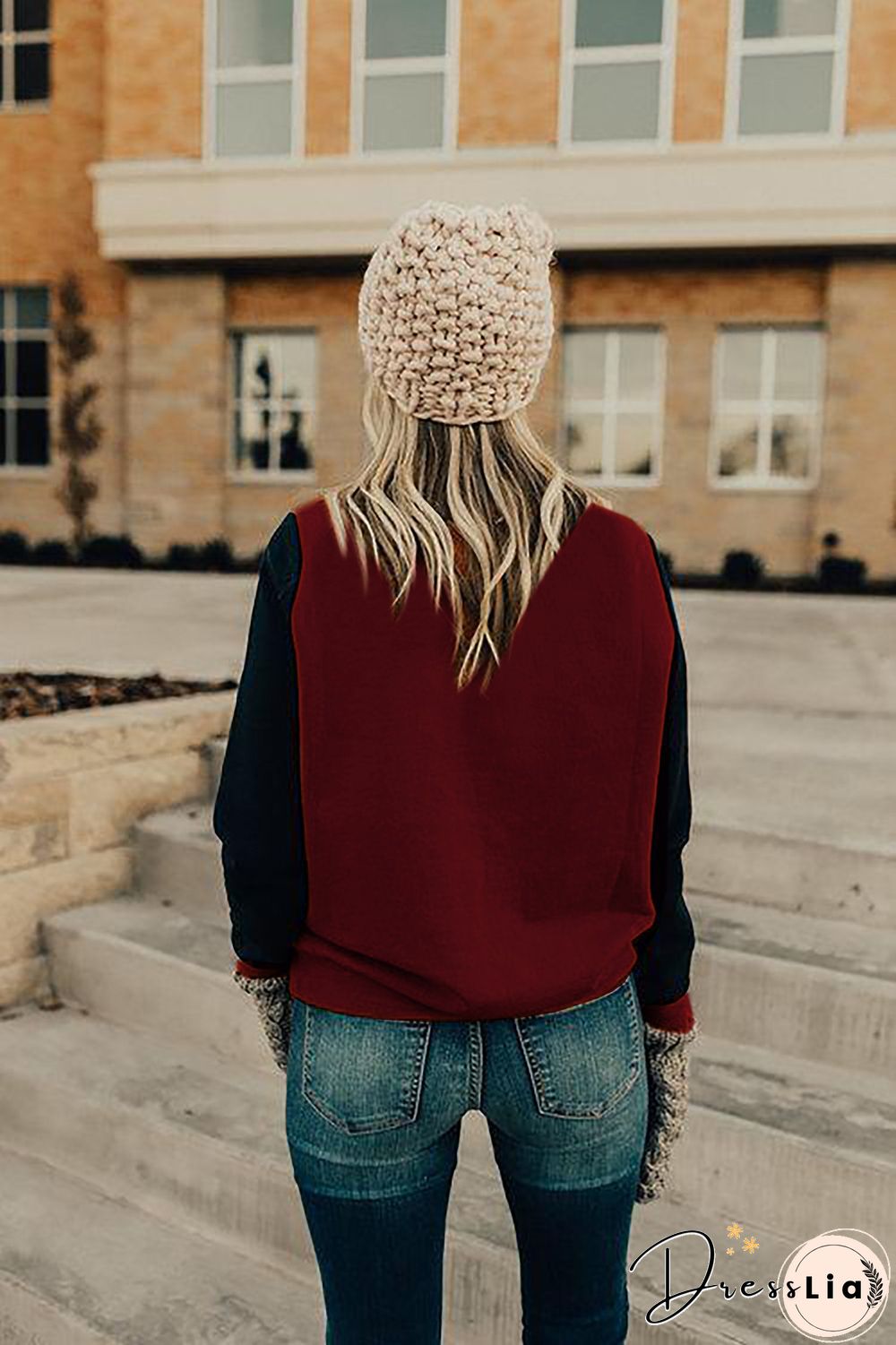 Red Long Sleeve Round Neck Stitching Top