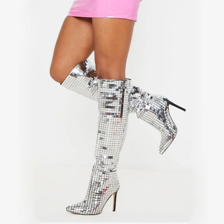 Sexy Pointed Toe Disco Ball Knee High Boots