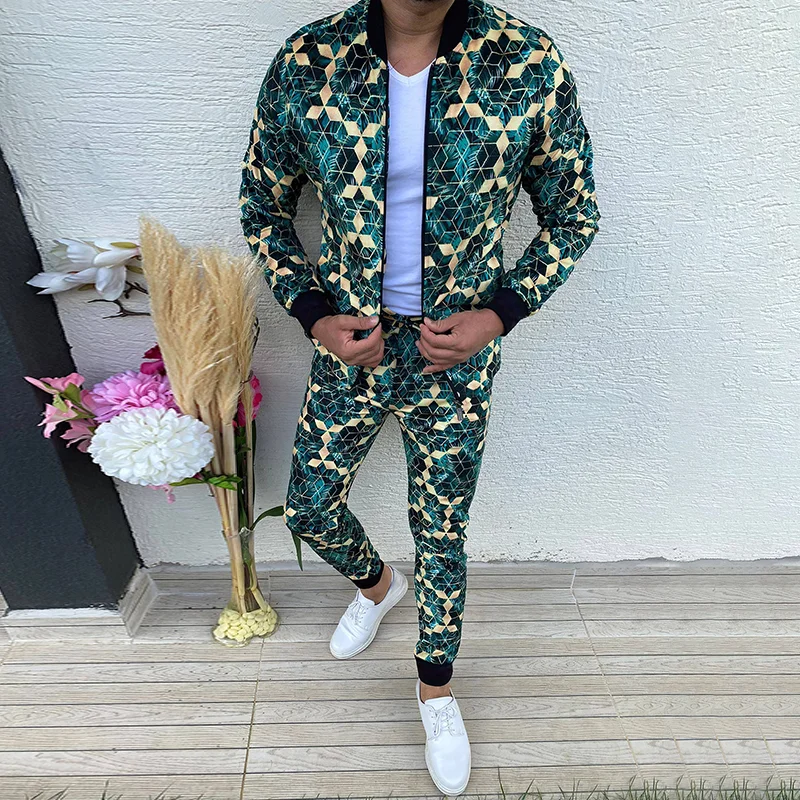 Golden Rhombus Color Contrast Printing Jacket And Pants