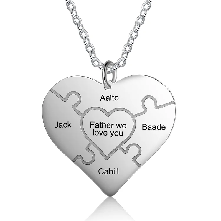 Personalized Heart Puzzle Necklace Engraved 4 Names Family Necklace