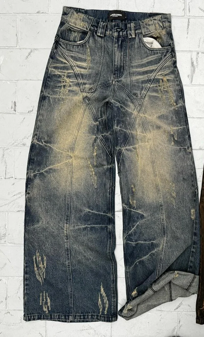 Aonga Oversized Stripes Retro Distressed Baggy Jeans Women High Waist Straight New Y2k Jeans Casual Gothic Men Denim Pants Streetwear aonga