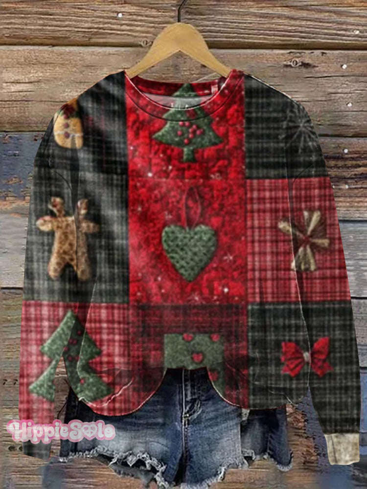 Vintage Christmas Patchwork Art Print Casual Sweatshirt Multicolor / S