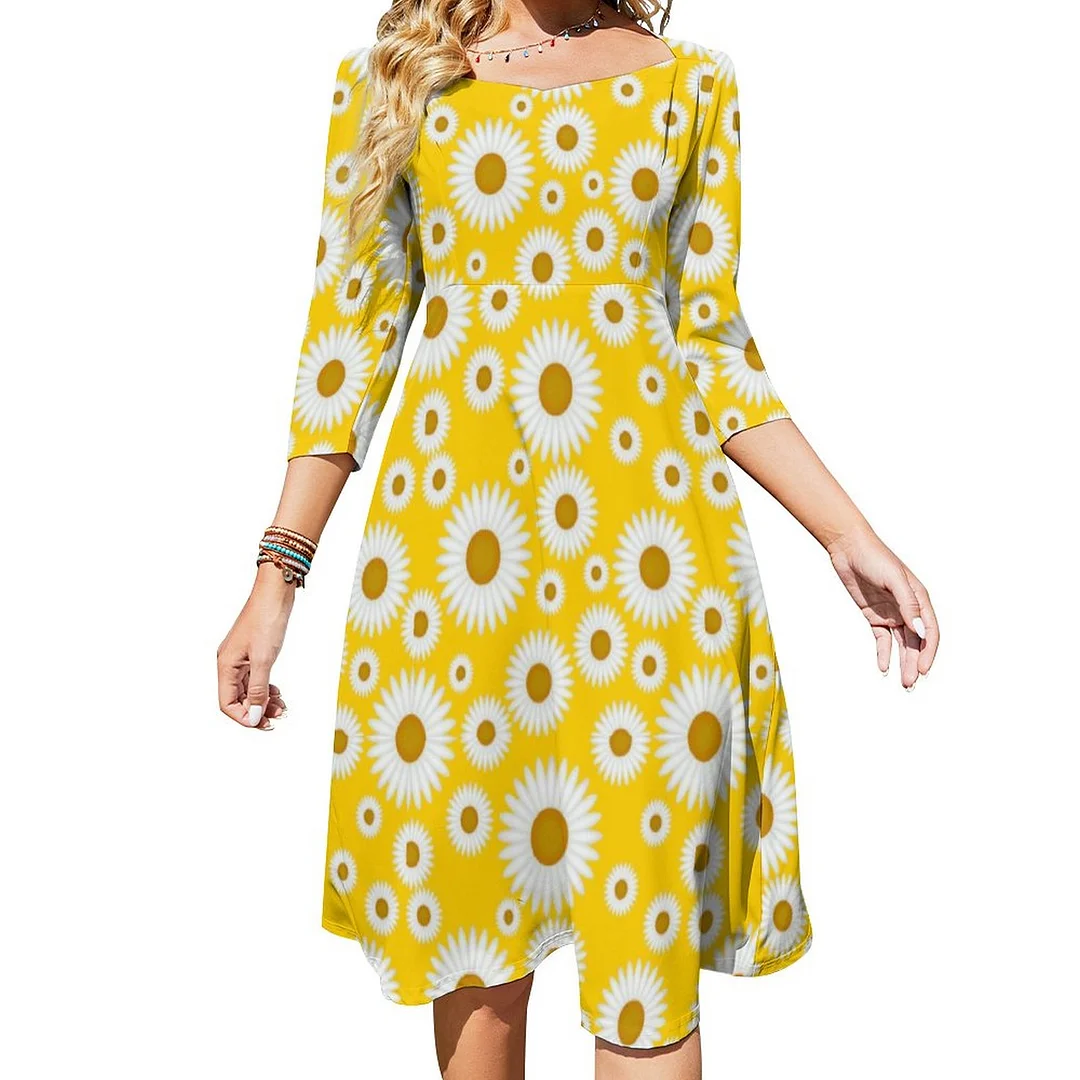 Summer Daisy Sunshine Yellow Yoga Pant Dress Sweetheart Tie Back Flared 3/4 Sleeve Midi Dresses