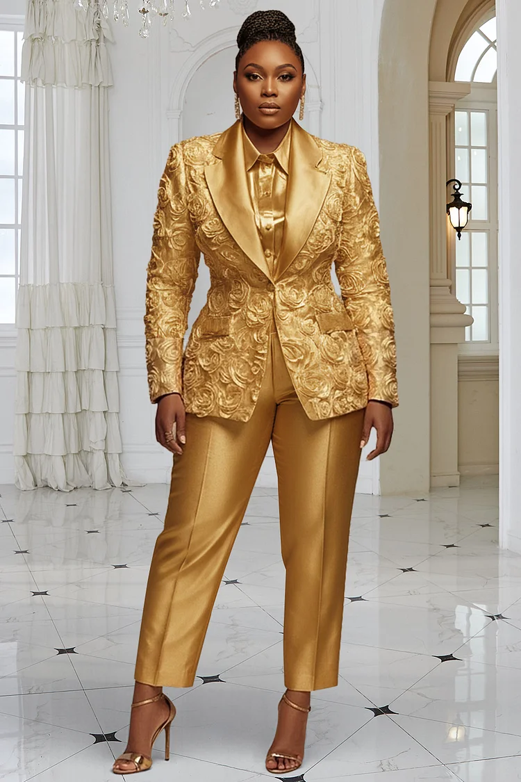 Xpluswear Design Plus Size Christmas Gold Lapel Collar Long Sleeve 3D Elegant Satin Two Piece Pant Suits [Pre-Order]