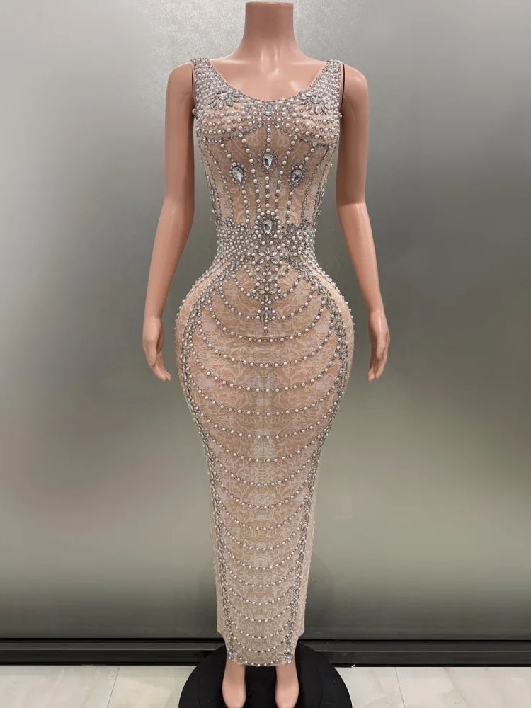 GOOSHOE See-Through Back Slit Rhinestones Pearls Sheath Dress
