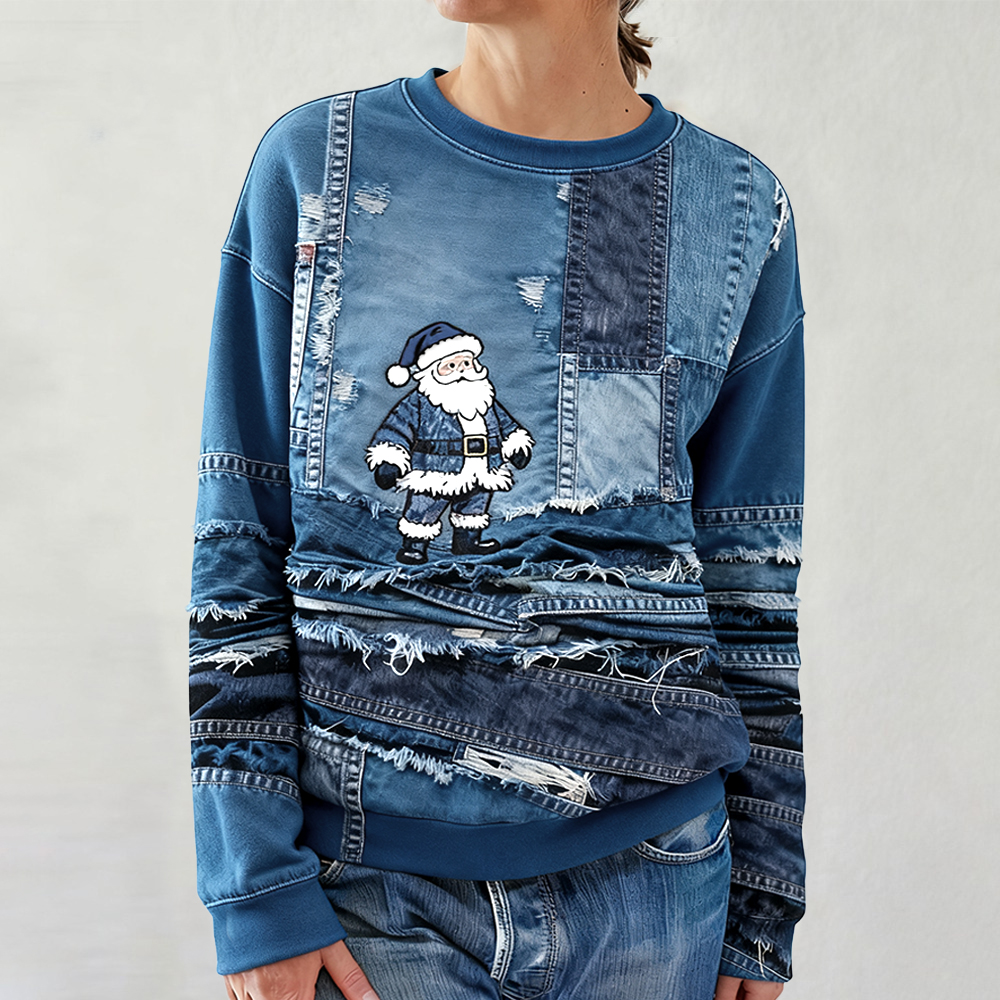 Women's Santa Claus Faux Denim Patchwork Art Print Casual Sweatshirt elevenforest