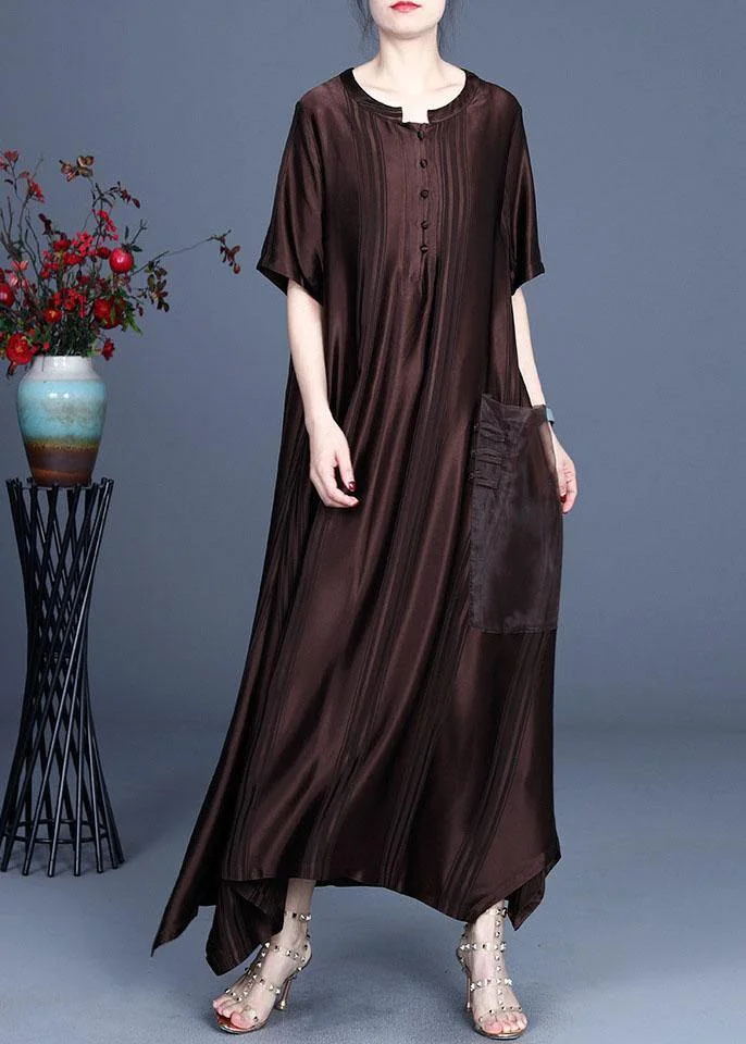 Chocolate Button Design Pockets Summer Silk Ankle Dress