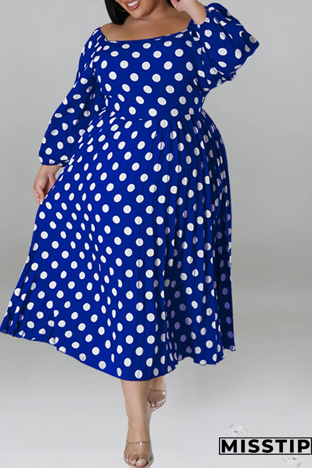 Black Casual Dot Print Patchwork Backless O Neck Long Sleeve Plus Size Dresses (Without Belt)
