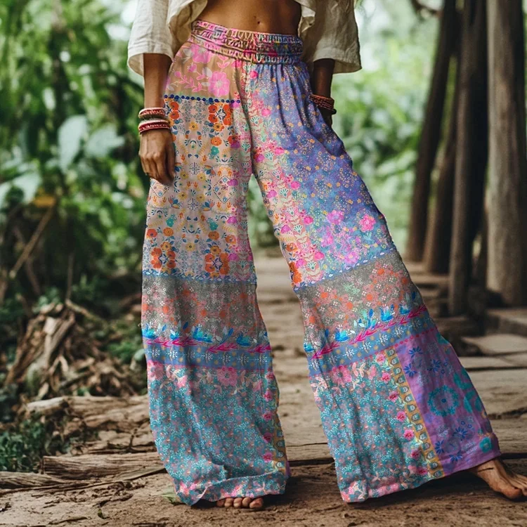 Utbros Vintage Floral Pattern Women's Linen Blend Casual Pants