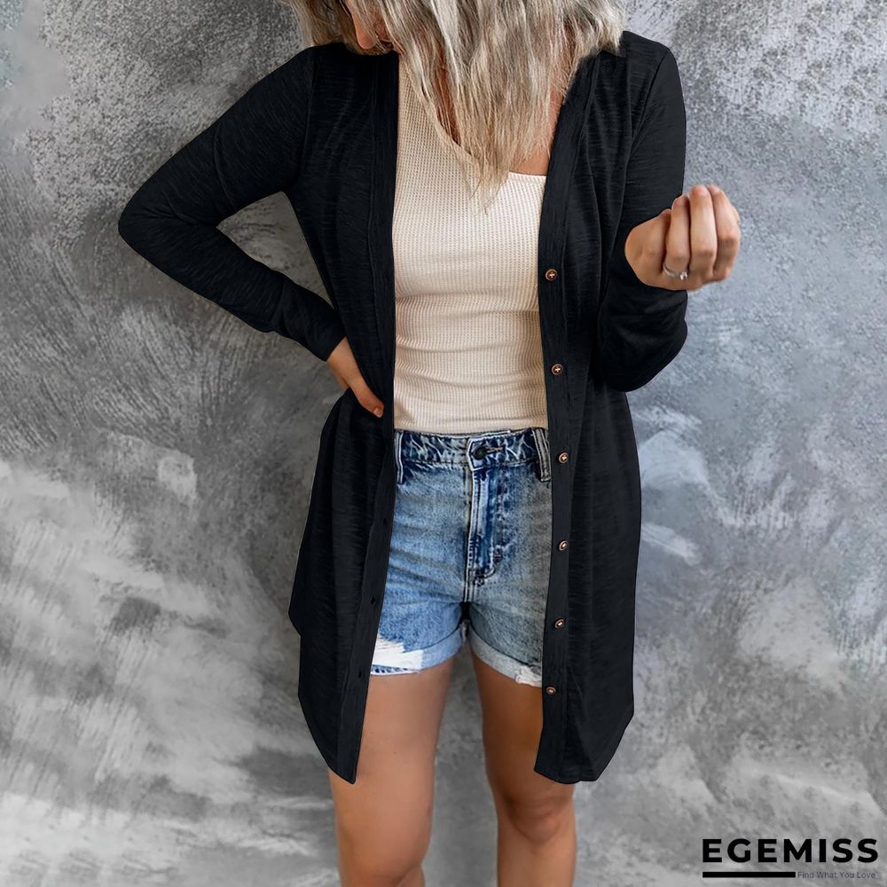 Long Button Solid Color Casual Long Sleeved Cardigan for Women | EGEMISS