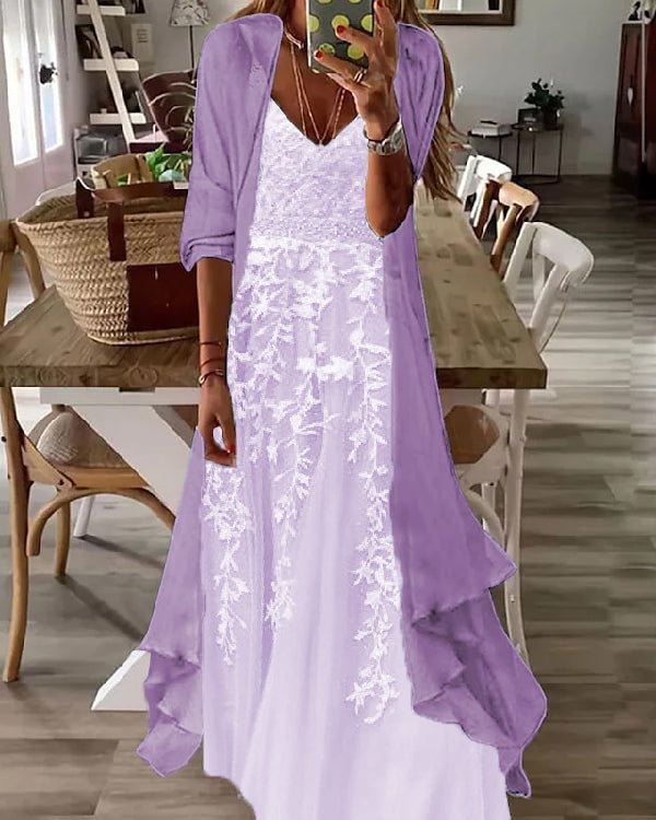 Fake Two Piece Casual V-neck Printed Maxi Dress S-5XL