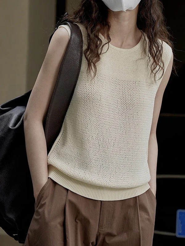 Solid Color Hollow Sleeveless Loose Round-neck Vest Top