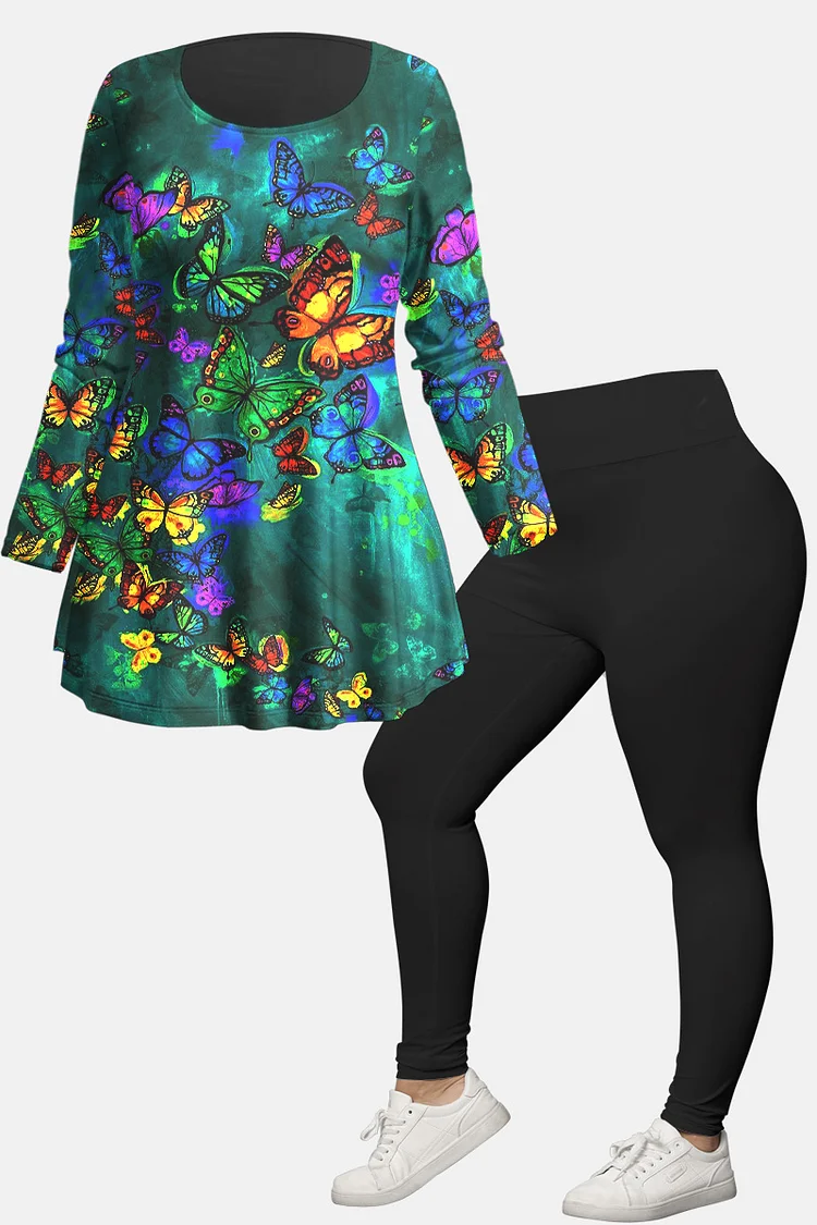 Flycurvy Plus Size Casual Green Fluorescent Butterfly Print Two Piece Pant Set  Flycurvy [product_label]