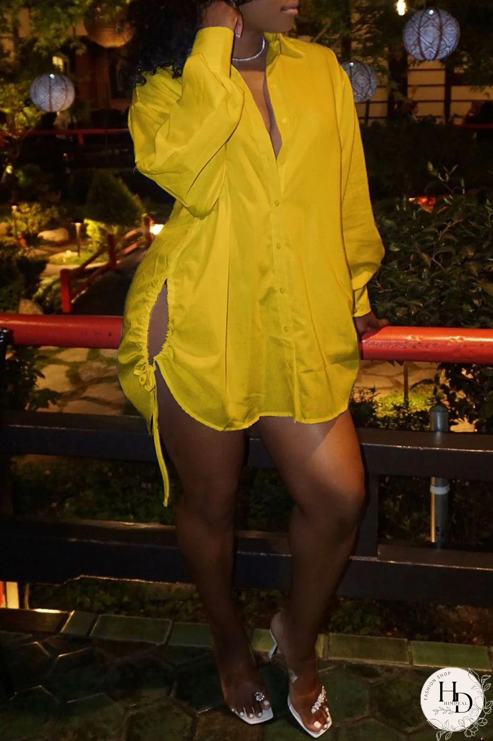 Yellow Fashion Casual Solid Bandage Hollowed Out Turndown Collar Shirt Dress