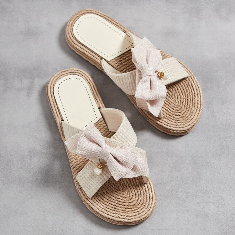 New Female Butterfly-Knot Home Slippers Summer Cool Slippers Women's One Word Linen Belt Slides Ladies Sandals Flip Flops sh270