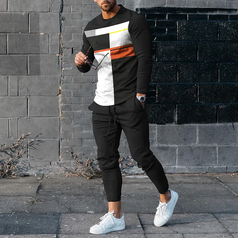 Men's Geometric Color Block Splicing Long Sleeve T-Shirt And Pants Co-Ord