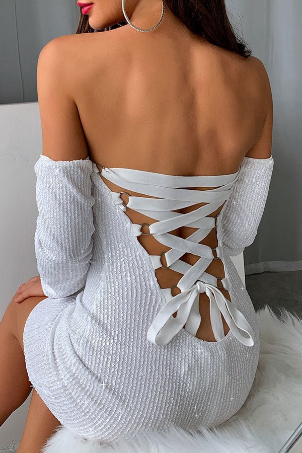Sequined Sparkly Bandeau Lace-Up Back Mini Dress