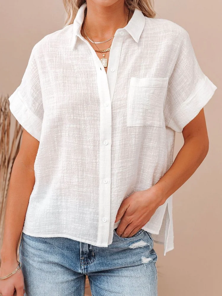 Lapel Button Cotton Linen Short Sleeved Shirt