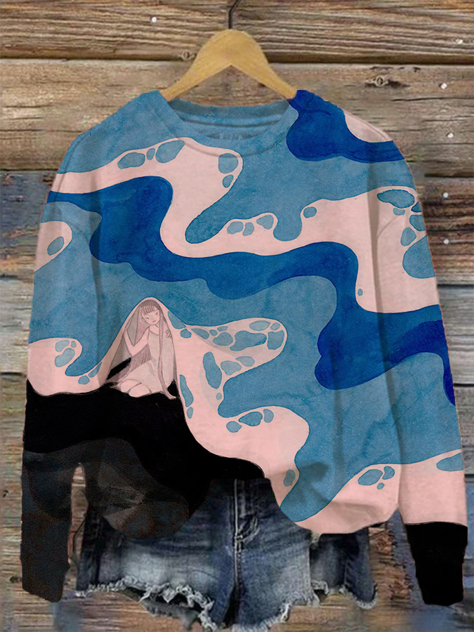Women'S Blue Sea Aesthetic Protection Ocean Commemorative Sea Print Sports Illustration Crewneck Sweatshirt
