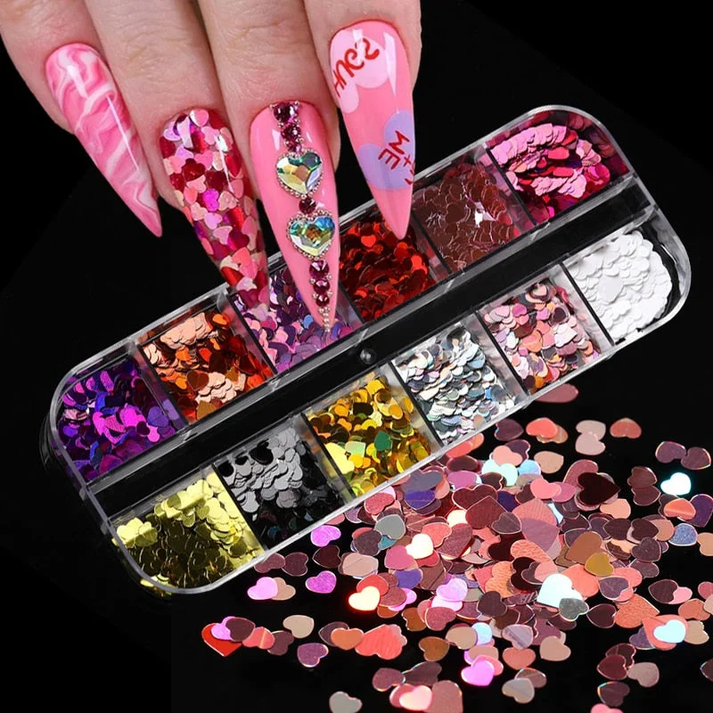 12 Grids Colorful Flourescent Nail Sequins Hollow Circle Sequins Neon Round Nail Art Glitter Flakes Butterfly 3D Slice Tips-Nail Inspo