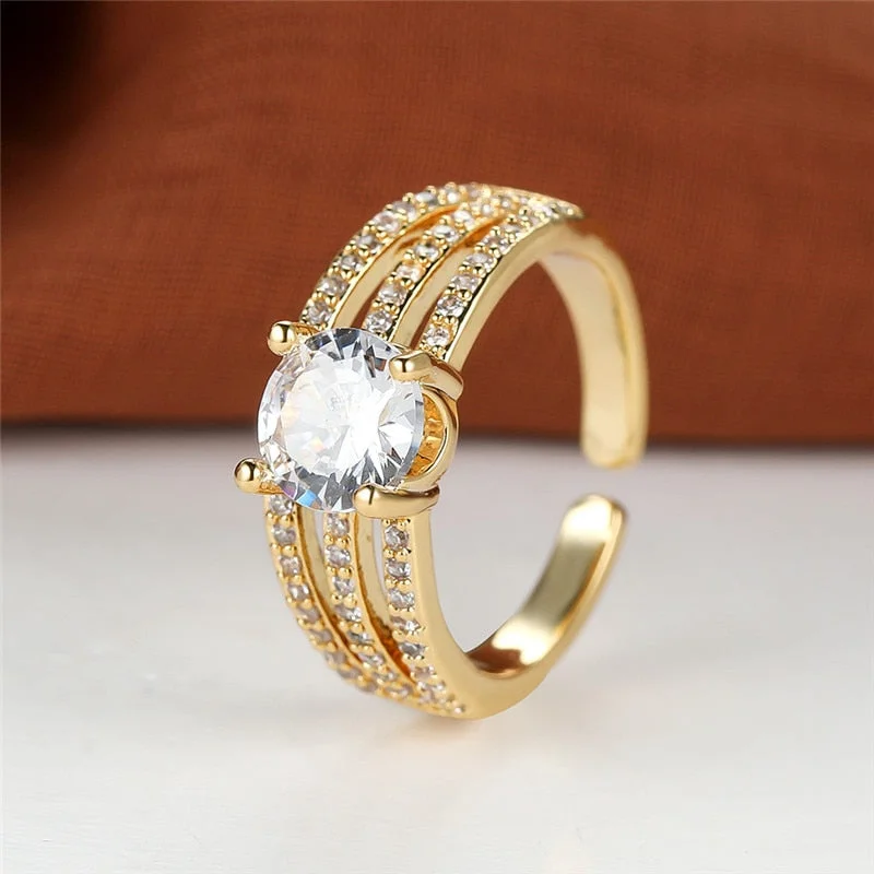 Luxury Female White Stone Adjustable Ring Classic Yellow Gold Color Engagement Ring Crystal Wedding Rings For Women