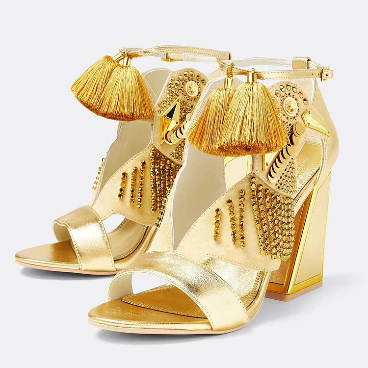 Gold Crystal Bird Cut-Out Tasseled Ankle Strap High Heels Sandals |FSJ Shoes