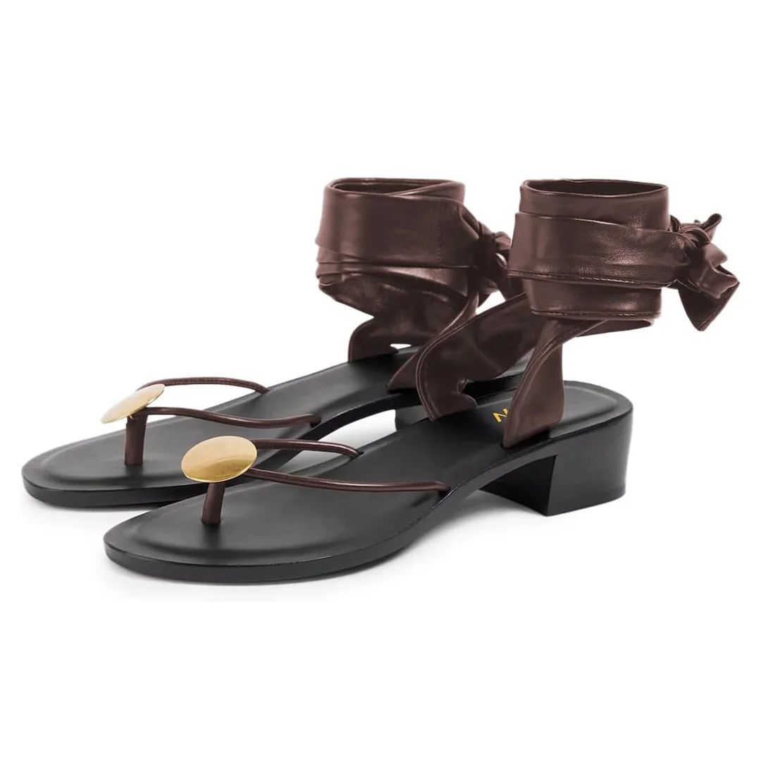 Brown Open Round Toe Hardware Block Heel Wrap Strap Flip Flops Women 