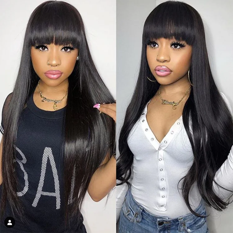 Black Human Hair HD Lace Straight Wig With Bangs  | Glueless Wigs | 100% Real Natural Human Hair Wigs | Medium & Long Wig