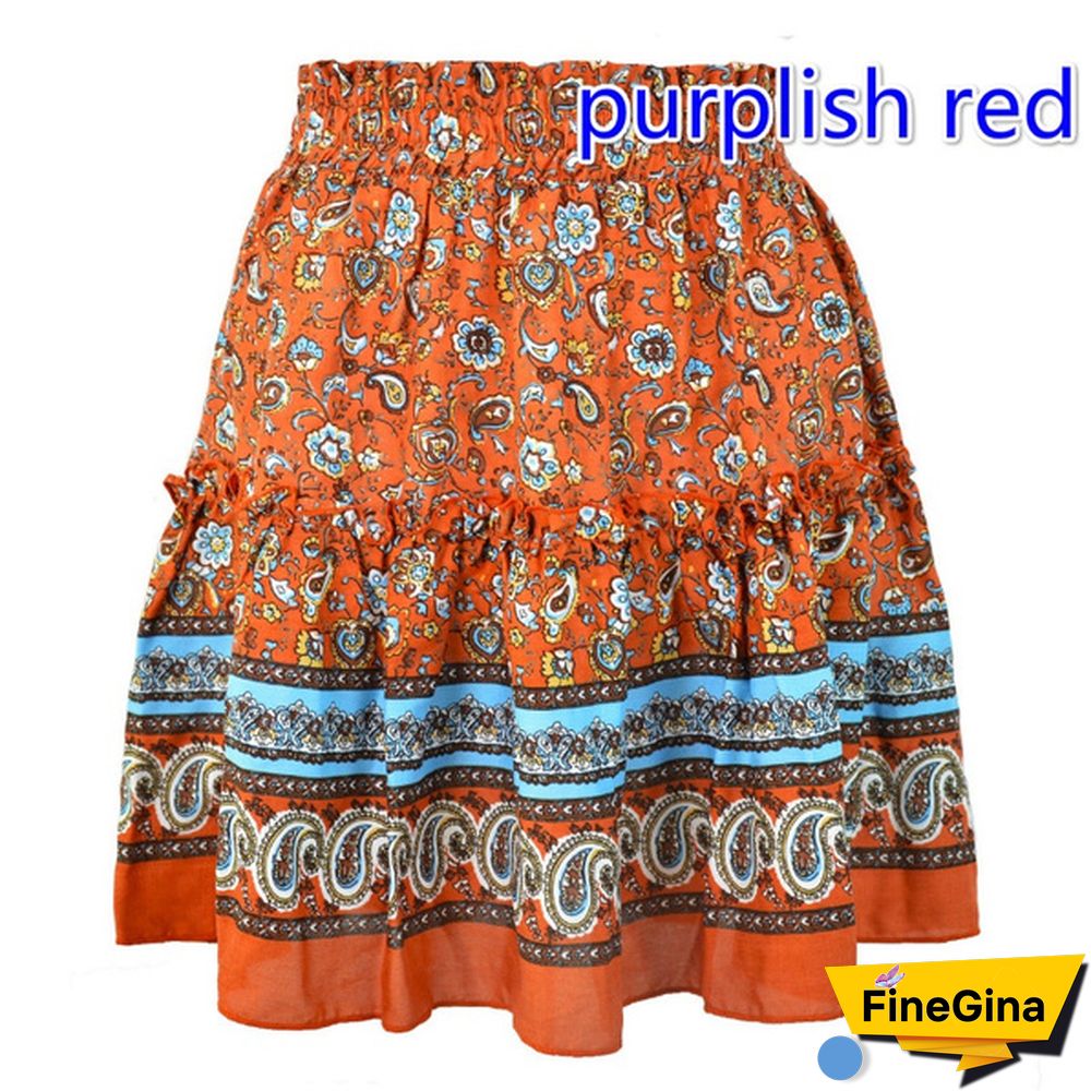 Women Fashion Casual Floral Short Skirts Summer High Waist Pleated Beach Skirt Beho Ruffle Dresses