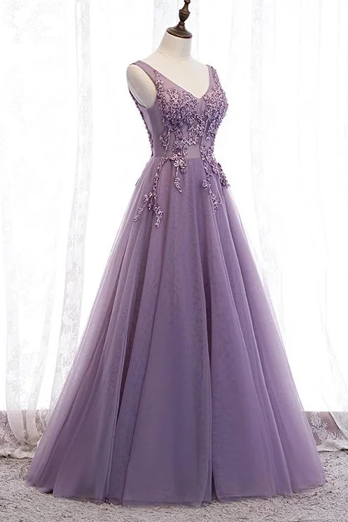 Daisda Purple Applique Long A-line Prom Dress With V-Neck Open Back