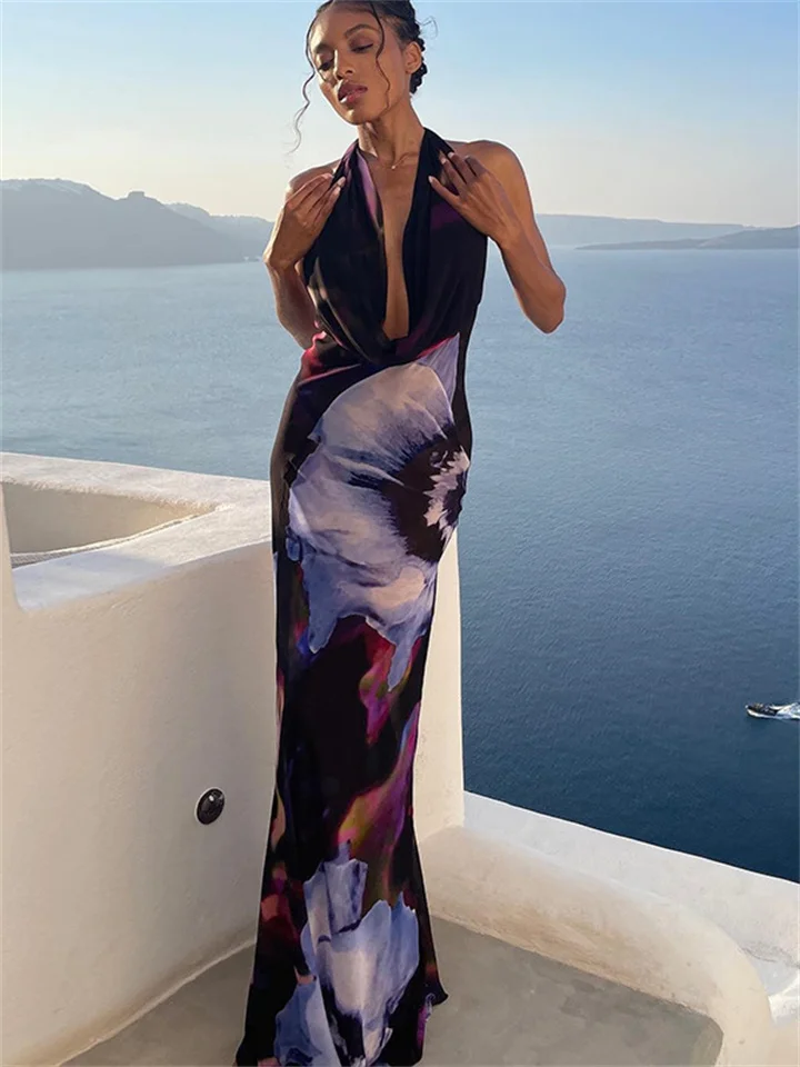 Women's Digital Print Sexy Plunging Neckline Long Mid-length Dress