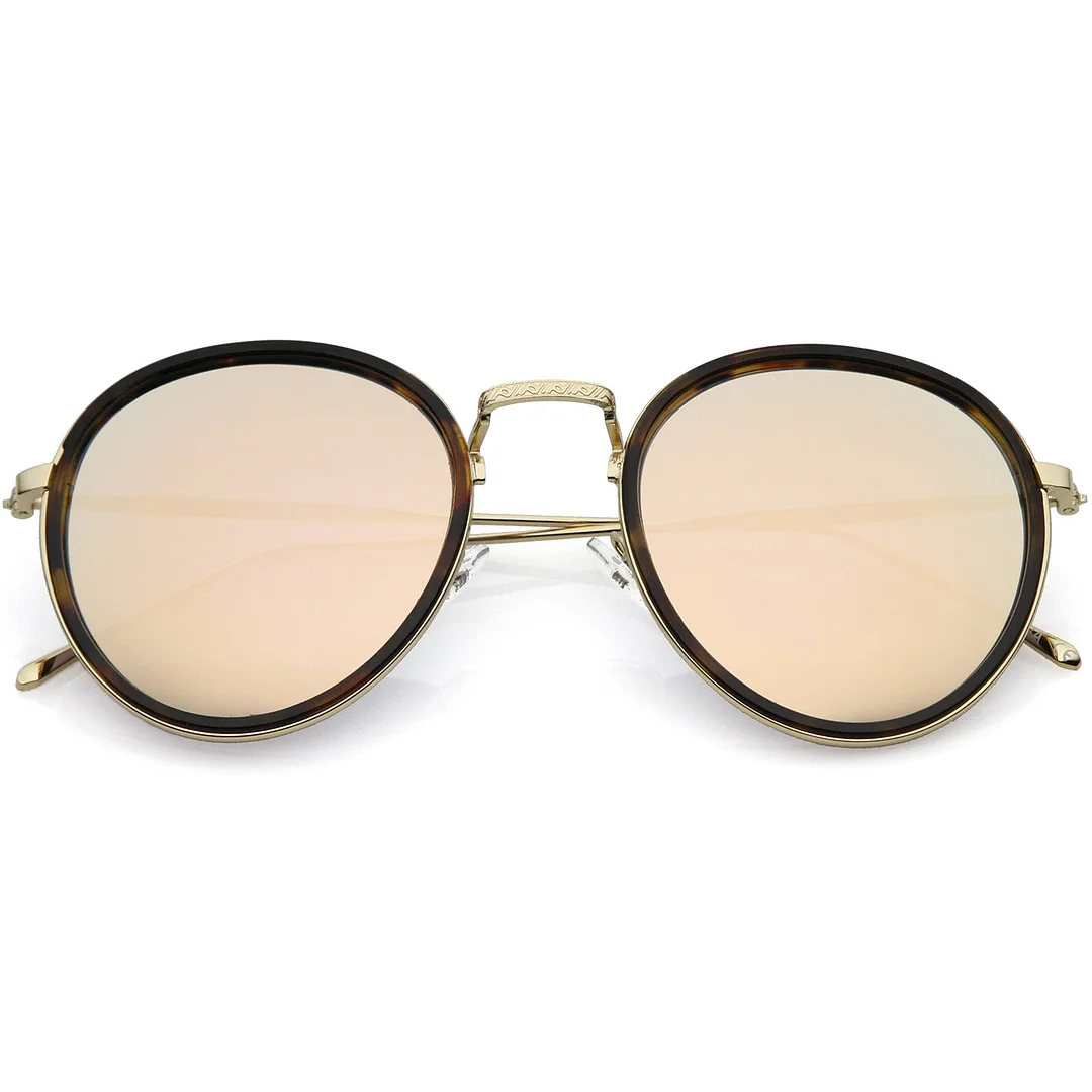 Modern Round glasses Engraved Slim Metal Arms  Color Mirrored Flat Lens 51mm