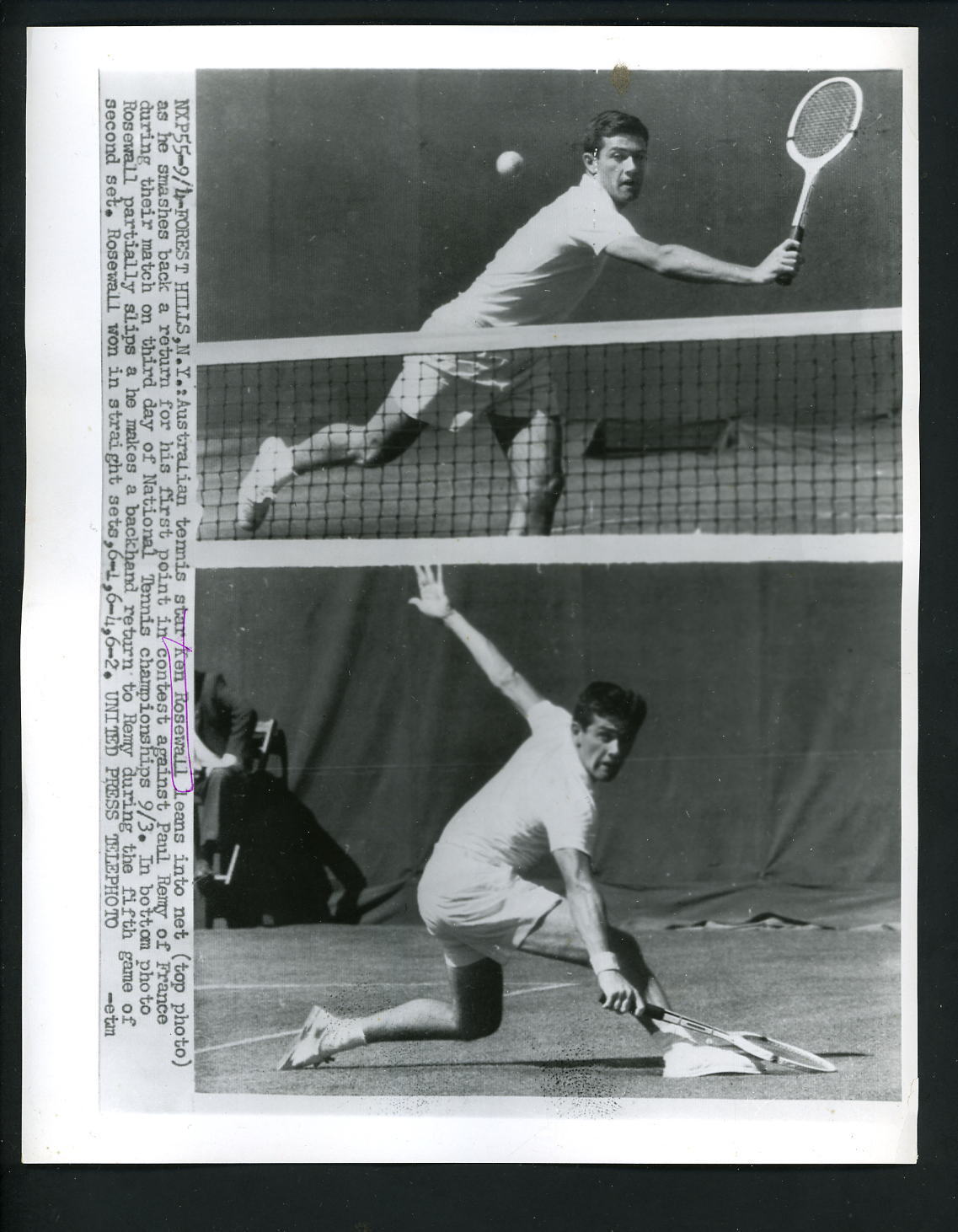 Ken Rosewall Australian Tennis star at Forest Hills 1956 Press Wire Photo Poster painting