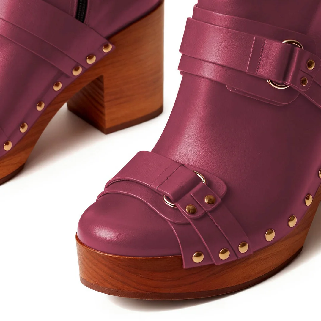 Studded Round Toe Mid Heel Zipper Fuchsia Ankle Platform Boots