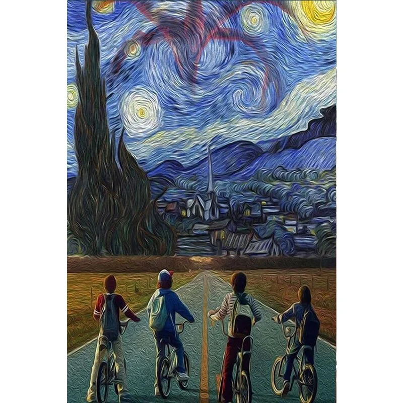 Blue Starry Sky A Group of Boys Ride Bicycles Posters and Prints Canvas Paintings Wall Art Pictures for Living Room Decor