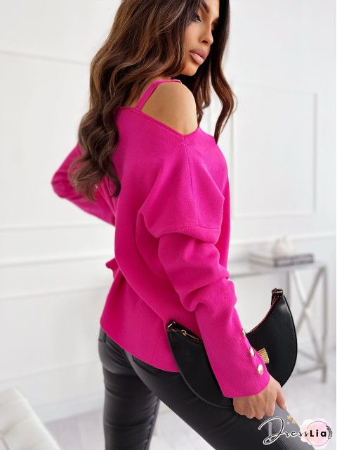 T-Shirts Boat Neck Off Shoulder Button Long Sleeve T-Shirt for Women